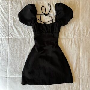 zara puff sleeve open back lace-up mini dress